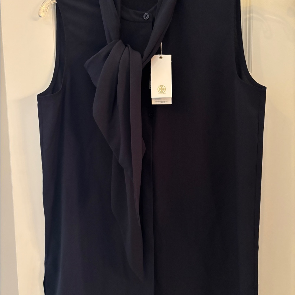 Tory Burch Navy Sleeveless Blouse with Front Tie/Bow, Brand New, Size 8